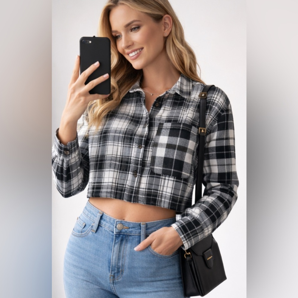 Forever 21 Multi Patchwork Plaid Cropped Flannel … - image 1
